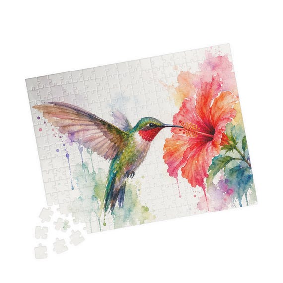 Watercolor Hummingbird and Hibiscus Puzzle 110/252/520 Piece | Floral Bird Jigsaw