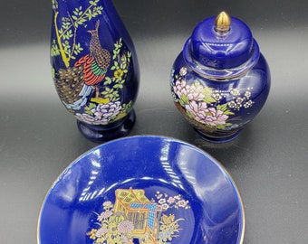 3 Piece Colbalt Blue Mini Peacock Vase, Plate, & Jar