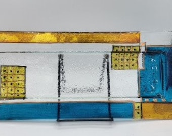 Plato/bandeja para servir rectangular de vidrio artístico