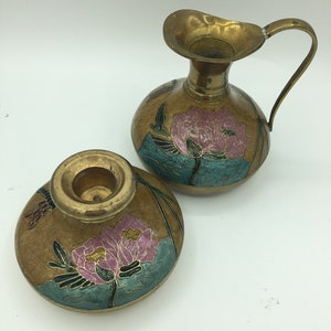 Brass and Enamel Painted Jug and Candle Holder