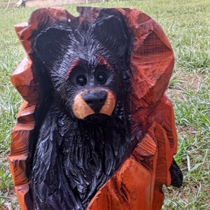 Puede incluir: Un oso negro tallado en un tronco de árbol. El oso asoma desde el tronco, que está pintado de naranja. La talla está sobre un fondo de hierba verde.