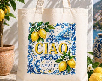 Draagtas Amalfikust, canvas tas Italiaanse citroen, esthetische draagtas Ciao Amalfi, strandtas zomer, reistas, cadeau voor haar mediterrane stijl