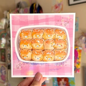 Bear Bread Mini Print: Kawaii Pastel Dessert Illustration, 5x5 Art