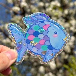 Pegatina de pez nostálgico / pez de colores con purpurina, bonito, estético, apto para lavavajillas, papelería kawaii