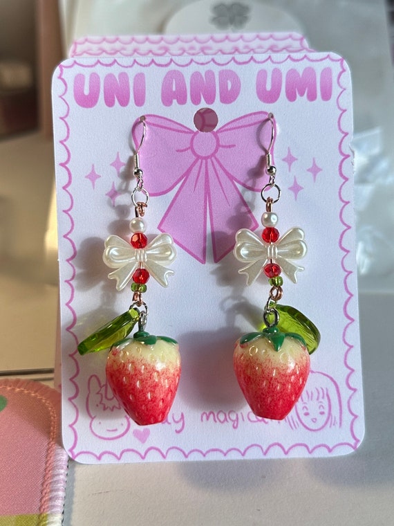 Sweet Society Crochet Strawberry Bow Drop Earrings | Hot Topic 🍓Cute Summer Strawberry Charm Dangle Earrings with Gingham Bows main image 1