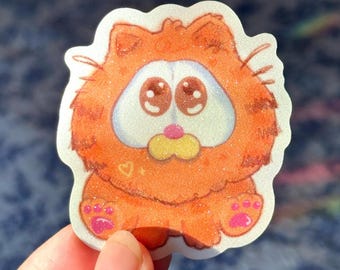 Orange Cat Glitter Sticker: Waterproof Kawaii Lasagna Cat