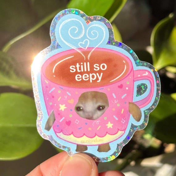Sleepy Cat Meme Sticker: Funny Glitter Waterproof Vinyl Sticker