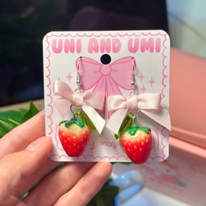 Strawberry Bow Handmade Earrings | Clay Coquette Earrings, Kawaii Earrings, Fruit Dangle Earrings