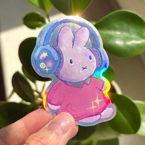 Adesivo Holográfico de Fones de Ouvido de Coelho | Adesivo Kawaii Cybercore Fofo - Adesivo de Vinil Y2K de Coelho