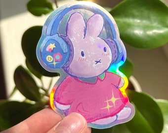 Holographic Bunny Headphones Sticker: Cute Y2K Waterproof Vinyl