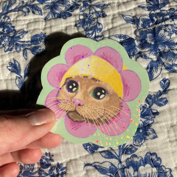 Flower Orange Tabby Cat Sticker | Waterproof Pet Sticker - Animal Die Cut Sticker - Phone Sticker