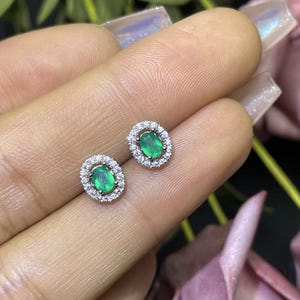 14k White Gold Studs Earring, 3 ct Zambian Emerald Stone Earring With Lab Grown Diamond 1.20MM VVS D Color, gold fine jewelry