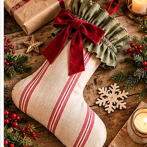 May include: A Christmas stocking made of off-white fabric with vertical red stripes. The top features a ruffled sage green fabric cuff and a large, deep red velvet bow. A red fabric loop is attached to the top for hanging the stocking.
