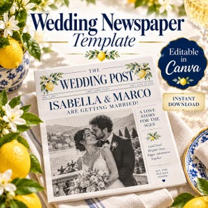 Può includere: Un modello di giornale di nozze con il titolo The Wedding Post, Isabella & Marco Are Getting Married, e una foto in bianco e nero di una coppia. Il design include illustrazioni di limoni e fiori, con il testo Editable in Canva.