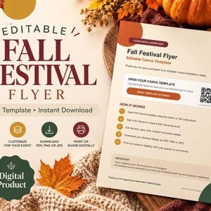 Può includere: Un modello Canva modificabile per un volantino di festival autunnale con il testo Fall Festival Flyer, Canva Template, Instant Download e Digital Product. Il documento include istruzioni, un codice QR e un pulsante Open Template in Canva.
