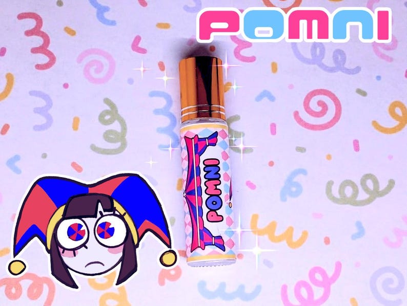 May include: A perfume bottle with a gold cap and a colourful label featuring the word "POMNI". The label has a pink and blue design with the word "POMNI" repeated. The background is a light pink with colourful doodles and a cartoon character.