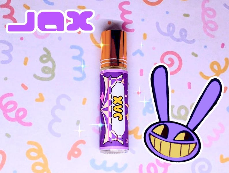 May include: A purple roll-on bottle with a gold cap, labelled "JAX" in white and purple. A cartoon rabbit with a yellow grin and purple outline is next to the bottle. The background is a light purple with colourful confetti.