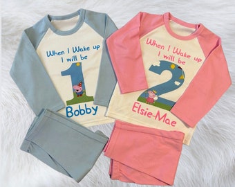 Personalised Peppa Pig birthday pyjamas when I wake up I’ll be 1 2 3 4 5 6 George pig girl and boy age pjs