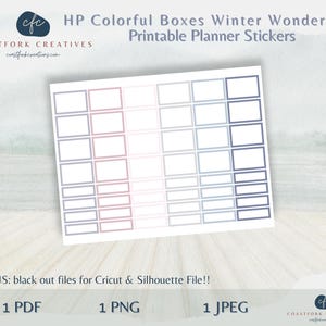 May include: Printable planner stickers with a winter wonderland theme. The stickers are in a grid pattern with a variety of colors, including blue, pink, and white. The text "HP Colorful Boxes Winter Wonderland Printable Planner Stickers" is at the top of the image.