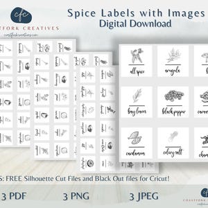 Könnte beinhalten: Digitaler Download von Gewürzetiketten mit Bildern. Die Etiketten sind in einem Rasterformat, wobei jedes Etikett einen Gewürznamen und eine Schwarz-Weiß-Illustration enthält. Die Etiketten umfassen "all spice", "arugula", "basil", "bay leaves", "black pepper" und mehr.