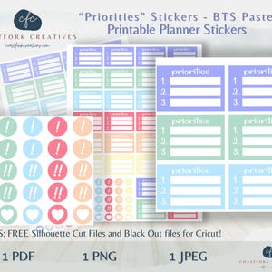 May include: A collection of pastel-colored planner stickers. The stickers include priority lists, exclamation points, hearts, and double exclamation points. The text on the stickers reads "Priorities". The image also includes the text "BONUS: FREE Silhouette Cut Files and Black Out files for Cricut!"