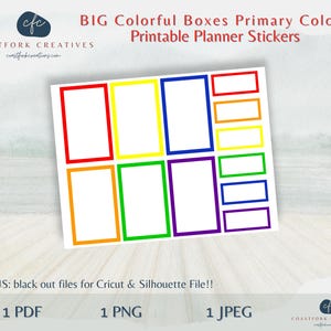 DD - Pegatinas imprimibles de cajas coloridas de colores primarios de HP BIG - Cuarto y completo - Compatible con Cricut Silhouette - Pegatinas Happy Planner