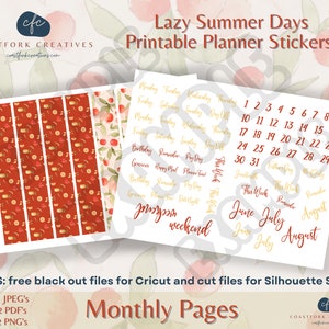 DD - Lazy Summer Day SUMMER Monthly Printable Planner Stickers - Summer Months Kit -Cricut Compatible - Erin Condren - Bullet Stickers - Kit