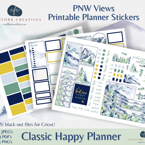 DD - PNW Views Weekly Printable Planner Stickers - Cricut Compatible - MAMBI Happy Planner Stickers - Bullet Stickers - Weekly Kit