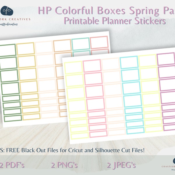 DD - HP Pastel Spring Colorful Boxes Printable Planner Stickers - Cricut Compatible - MAMBI Happy Planner - Bullet - Silhouette Cut Files