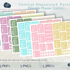 May include: Five printable planner sticker sheets with pastel colors and a vertical layout. Each sheet has a different color: pink, blue, green, yellow, and light pink. The stickers are for daily tasks, weekdays, and weekends. The text "Vertical Housework Pastel Printable Planner Stickers" is at the top of the image. The text "BONUS: black out files for Cricut and Silhouette Files!!" is at the bottom of the image. The text "5 PDF's", "5 PNG's", and "5 JPEG's" is at the bottom of the image.