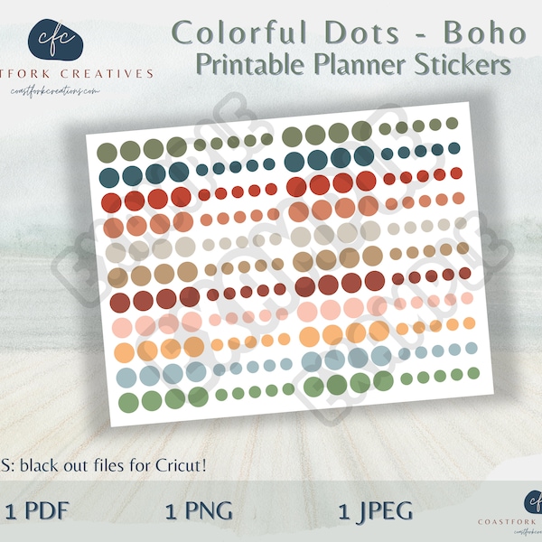 DD - Boho Colorful Dots Printable Planner Stickers - Cricut Compatible - Planner Stickers - Bullet Stickers - Printable Circles PNG JPEG