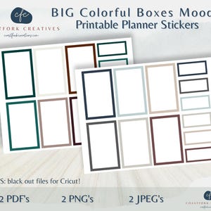 May include: Two sheets of printable planner stickers with colorful boxes. The stickers are designed for use with a planner or journal. The stickers are in a variety of colors, including blue, green, brown, and beige. The text "BIG Colorful Boxes Moody Printable Planner Stickers" is at the top of the image.