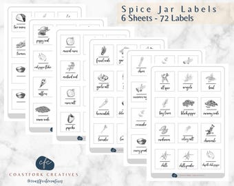 Spice Jar Labels with Pictures for Spice Rack and Spice Pantry | 6 Sticker Sheets | Minimalist Design | Kitchen Pantry Labels | Set