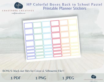 DD - HP - Pegatinas imprimibles para planificador de regreso a clases con cajas de colores pastel - Cricut - Planificador feliz MAMBI - Pegatinas con viñetas - Archivos de corte de silueta