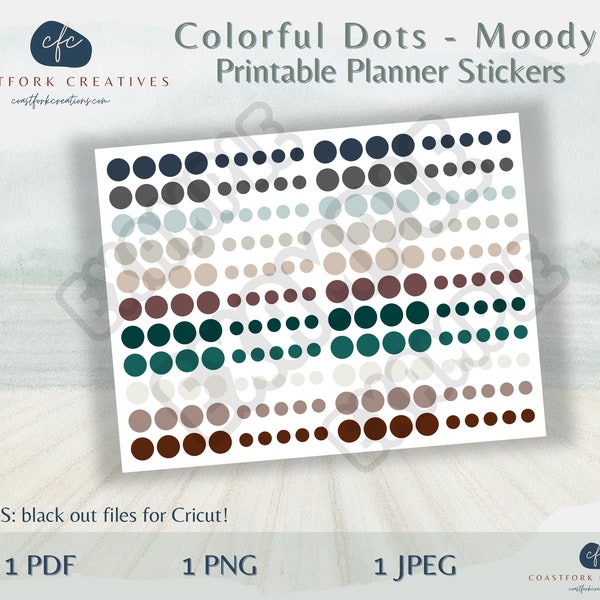 DD - Moody Colorful Dots Printable Planner Stickers - Cricut Compatible - Planner Stickers - Bullet Stickers - Printable Circles PNG JPEG