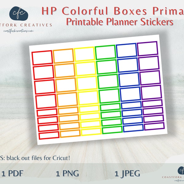 DD - HP Primary Colors Colorful Boxes Printable Planner Stickers - Cricut Compatible - MAMBI Happy Planner - Bullet - Silhouette Cut Files