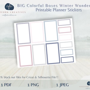 May include: Printable planner stickers featuring a set of 10 colorful boxes in shades of blue, pink, and gray. The boxes are arranged in two rows of five. The text "BIG Colorful Boxes Winter Wonderland Printable Planner Stickers" is at the top of the image.