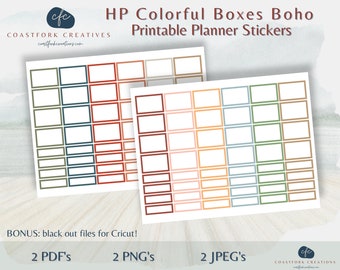 DD - HP Boho Colorful Boxes Printable Planner Stickers - Cricut Compatible - MAMBI Happy Planner Stickers - Bullet Stickers- Free Silhouette