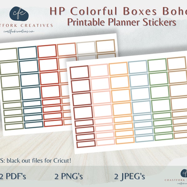 DD - HP Boho Colorful Boxes Printable Planner Stickers - Cricut Compatible - MAMBI Happy Planner Stickers - Bullet Stickers- Free Silhouette
