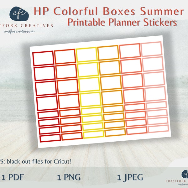 DD - HP Summer Sun Colorful Boxes Printable Planner Stickers - Cricut Compatible -MAMBI Happy Planner- Bullet Stickers- Silhouette Cut Files