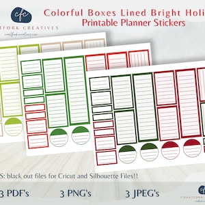 Op de afbeelding: Printbare planner stickers met kleurrijke vakjes en lijnen. De stickers zijn verkrijgbaar in drie kleuren: groen, rood en beige. De tekst "Colorful Boxes Lined Bright Holiday Printable Planner Stickers" staat bovenaan de afbeelding. De tekst "BONUS: black out files for Cricut and Silhouette Files!!" staat onderaan de afbeelding. De tekst "3 PDF's", "3 PNG's" en "3 JPEG's" staat ook onderaan de afbeelding.