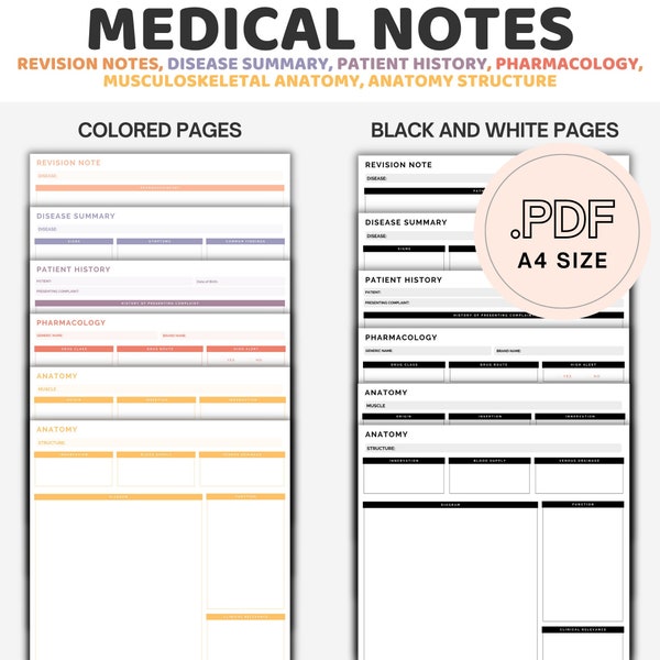Medicine Revision sheet, Disease Summary, Pharmacology Sheet, Patient history sheet, Anatomy sheet Printable PDF A4 Bundle, students, nurses