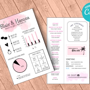 May include: A pink and black wedding invitation featuring a timeline of the couple's relationship, wedding planning stress levels, fast facts, and a list of wedding party members. The invitation includes the couple's names, wedding date, and location. The text "We're going to Hawaii" is featured on a pink and white background with a palm tree.