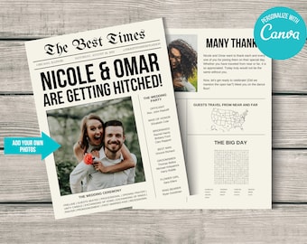 Plantilla de programa de boda en formato periódico: Detalles de ceremonia personalizables (DIY, descarga instantánea)