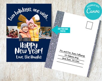 Plantilla de tarjeta fotográfica festiva interreligiosa: Navidad y Hanukkah (Canva editable)