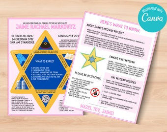 Printable Bat Mitzvah Program - Bat Mitzvah Program Template - Bat Mitzvah Ceremony - Jewish Star - Explanation - Editable -Instant Download