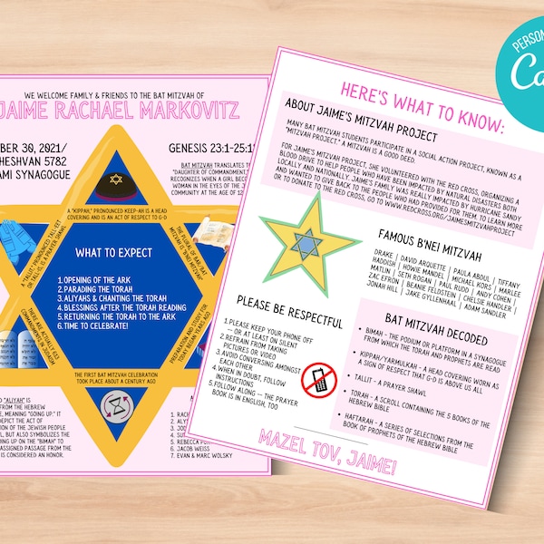 Printable Bat Mitzvah Program - Bat Mitzvah Program Template - Bat Mitzvah Ceremony - Jewish Star - Explanation - Editable -Instant Download