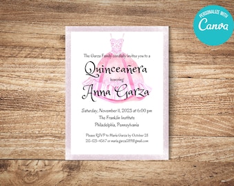 Plantilla de invitación de quinceañera rosa y dorada: Dulces 15 con brillantina (DIY Canva)
