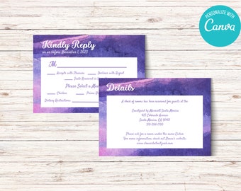 Plantilla de tarjeta de confirmación de asistencia y detalles de boda en acuarela (Canva)