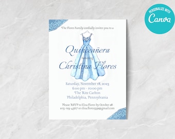 Plantilla de invitación de quinceañera con brillo azul - DIY Sweet 15 (Canva)